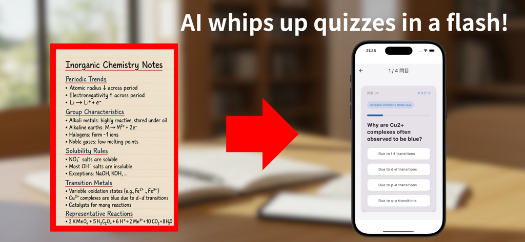 AI Note Scan: AI Quiz & Notes - IA generando un cuestionario de opción múltiple de química a partir de notas digitales en un smartphone
