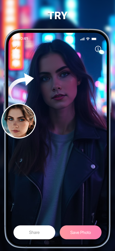 Deep Face Swap AI: FusionFaces - Screenshot of FusionFaces AI app demonstrating a high-definition face swap transformation with a woman in a neon city background.