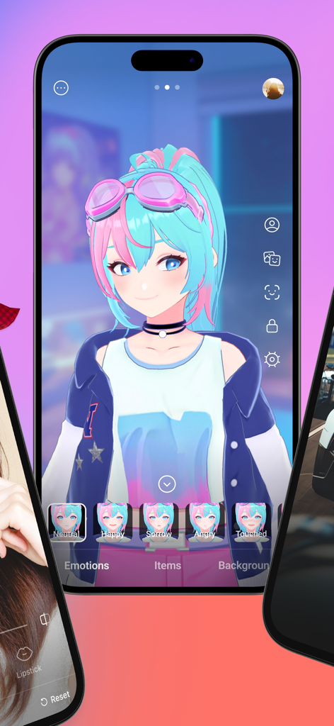 행복하고 화난 표정 필터와 같은 사용자 정의 가능한 감정 필터가 있는 3D VTuber 아바타를 특징으로 하는 PRISM 앱의 모바일 인터페이스