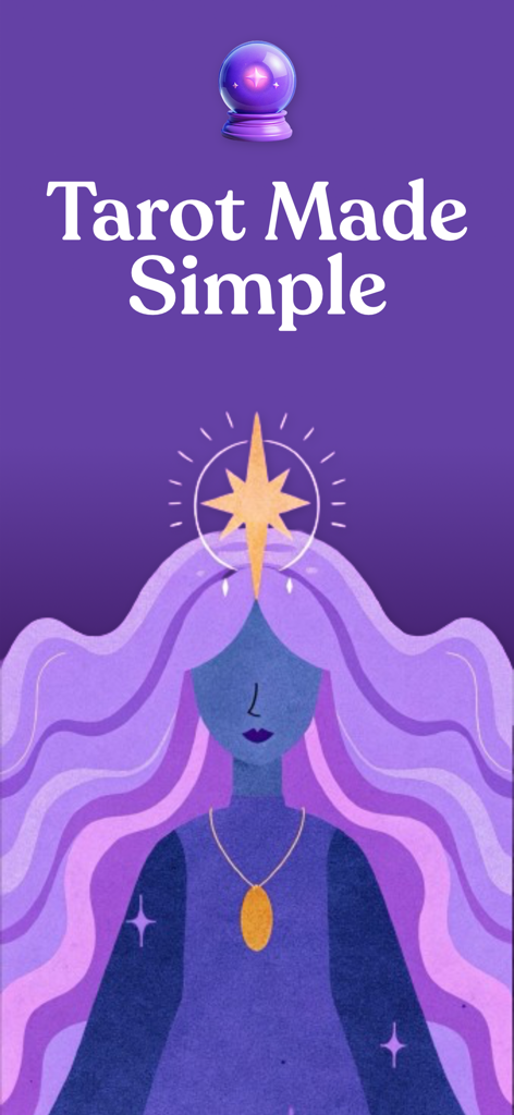 Tarot Made Simple app screen featuring a modern mystical woman illustration and a crystal ball