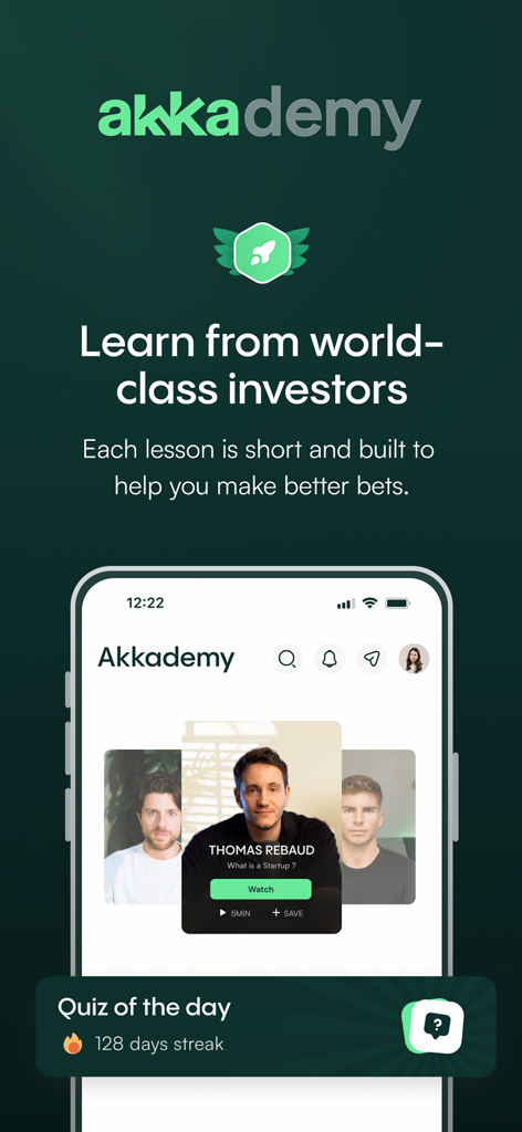 Akka - Interfaz de la función Akkademy en la aplicación Akka que muestra lecciones de inversión en startups y una racha de cuestionarios diarios.