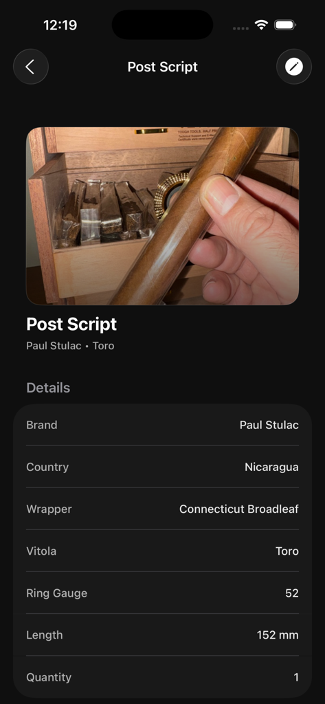 Un profilo dettagliato di un sigaro Paul Stulac Post Script all'interno dell'app Humidor Companion che mostra paese d'origine, tipo di capa e dettagli della vitola.