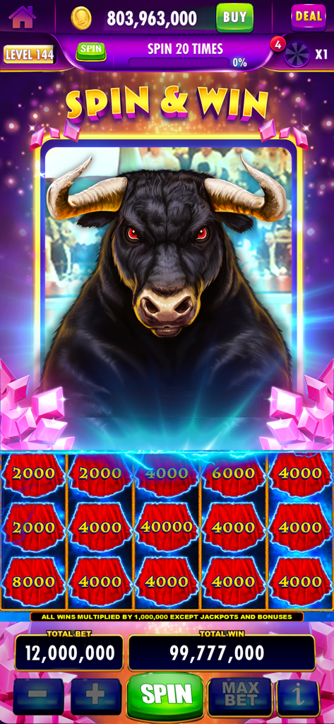 Cashman Casino Slots Games - Uma tela de jogo de máquina caça-níqueis com tema de touro no aplicativo Cashman Casino com moedas virtuais e botões de girar