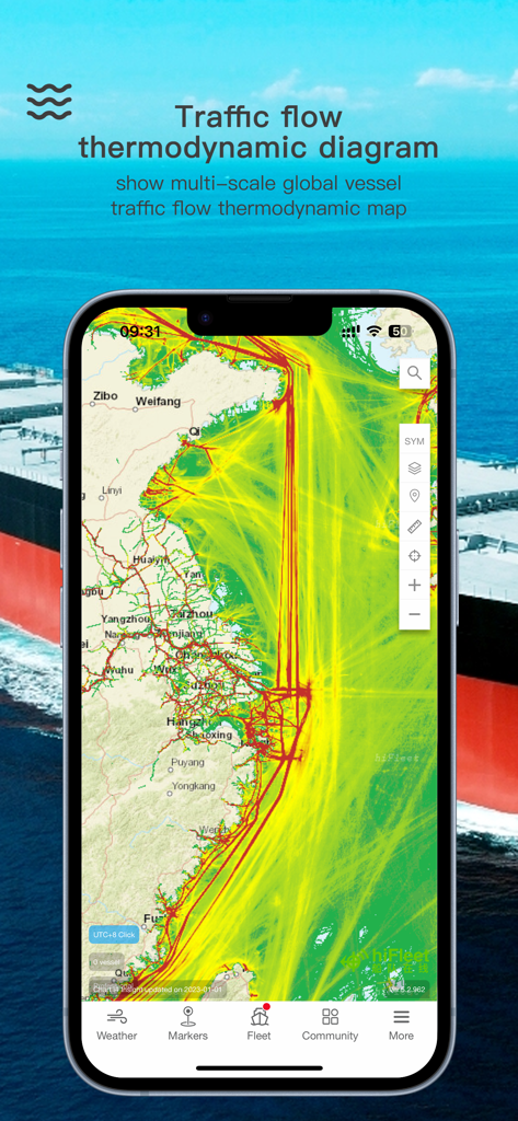 A global vessel traffic flow thermodynamic diagram displayed on the hiFleet mobile app interface
