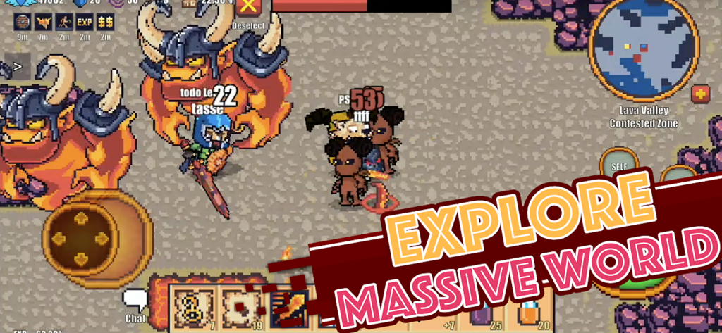 Pixel Knights Online - MMORPG - Pixel Knights Online gameplay screenshot showing 2D pixel art characters and monsters with the text Explore Massive World