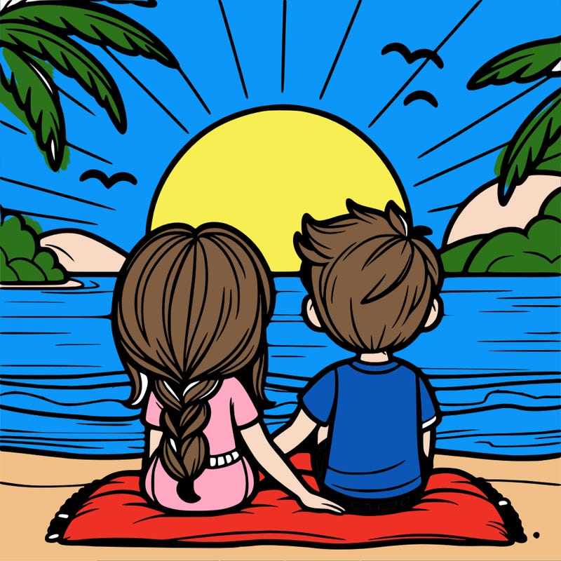 girl and boy sitting at the beach watching the sunset