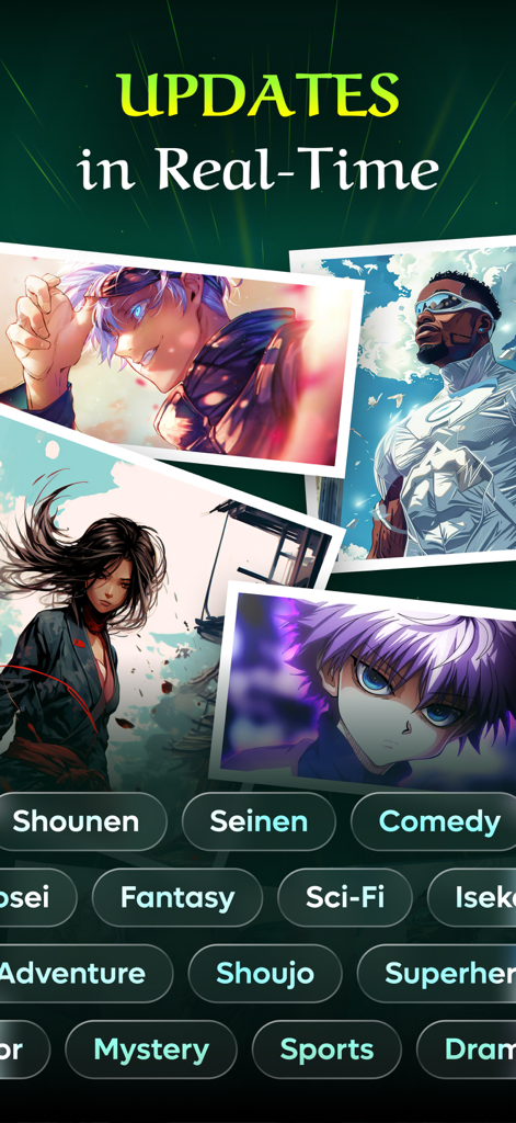 MangUp: Manga Reader App - A collage of manga characters and genre labels in the MangUp app highlighting real time updates