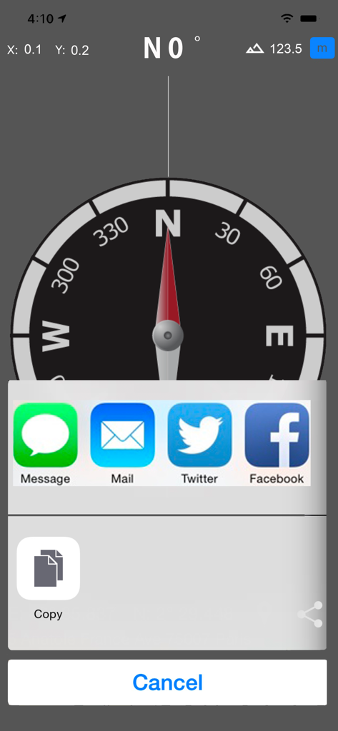 Screenshot of the Compass and GPS app displaying a sharing menu with options for message mail and social media
