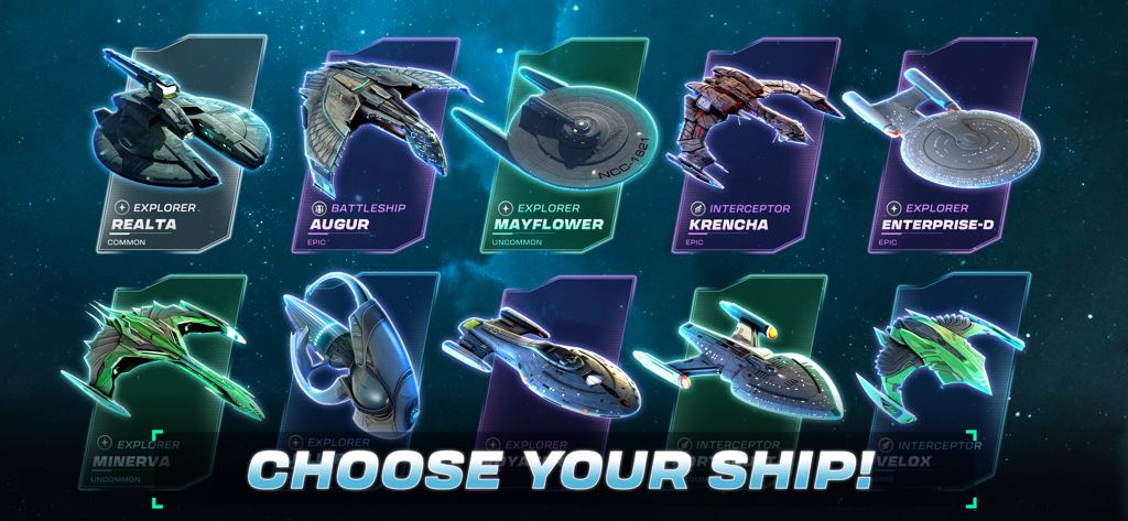 A selection of various Star Trek starships including the Enterprise-D and Augur with the text Choose Your Ship