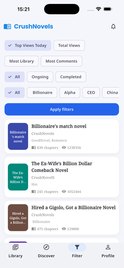 CrushNovels - The filter screen of the CrushNovels app showing romance genres including Billionaire and Alpha.