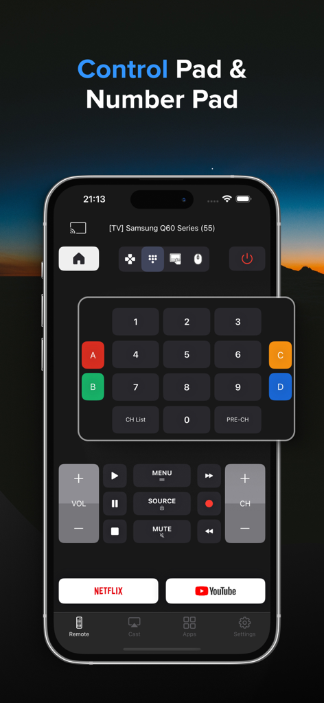 Control Samsung Smart TV - Interface do aplicativo de controle remoto Samsung TV mostrando um teclado numérico e controles de reprodução em uma tela de smartphone.