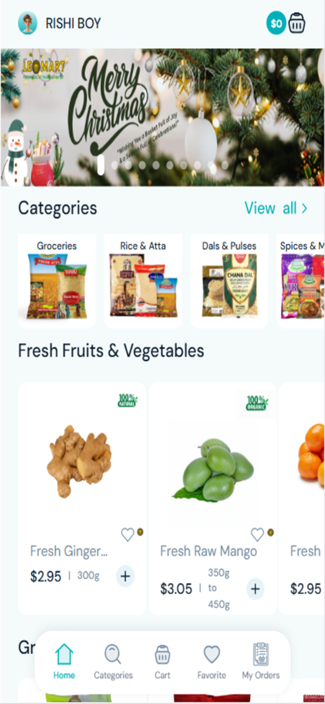 MyLeoMart - Interfaz de la aplicación de comestibles MyLeoMart que muestra categorías de productos frescos y listados de verduras con precios