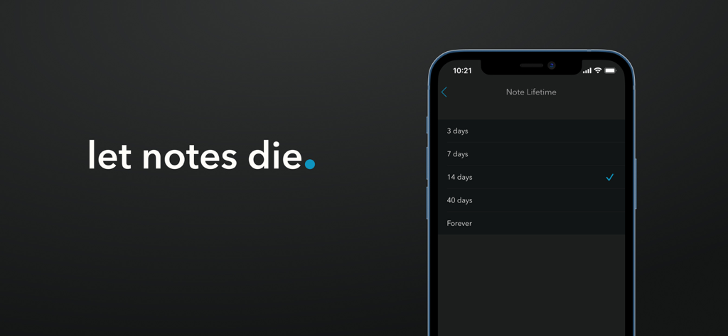 Minimal | Writing + Notes - Smartphone screen displaying the Note Lifetime settings in the Minimal app next to the text let notes die