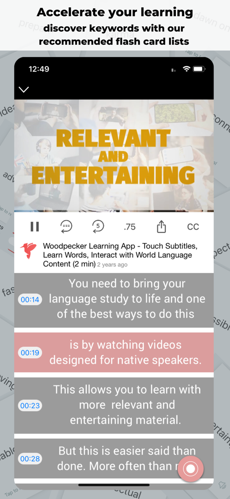 Woodpecker - Language Learning - Woodpecker app interface showing a video player with synchronized interactive subtitles.