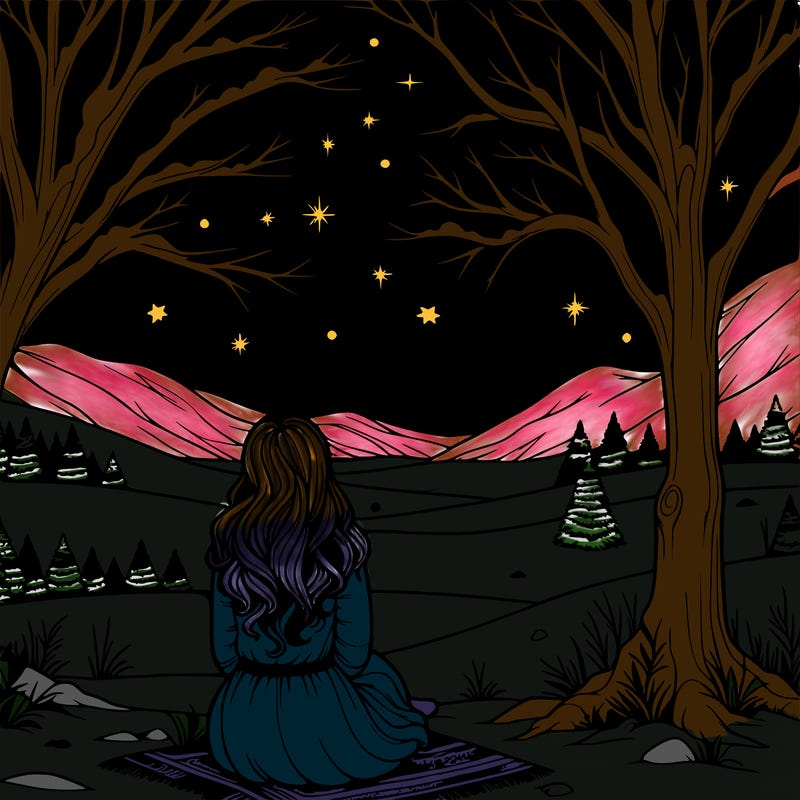 realistic girl sitting under a tree under the snowy starry sky facing away from me