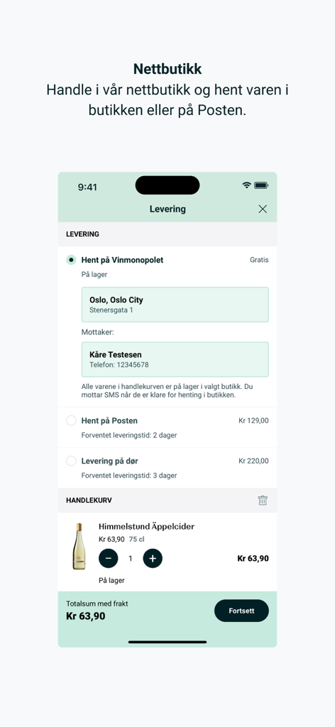 Vinmonopolet - Vinmonopolet app checkout screen showing various delivery and pickup options for an online order.