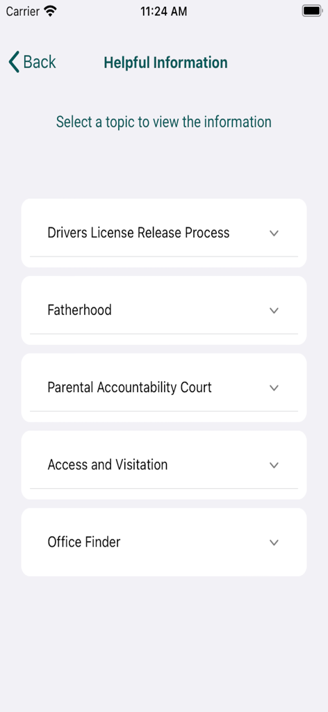 GA DCSS - Helpful information screen of the Georgia Child Support Services app showing various resource topics