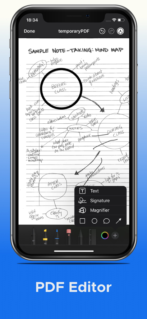 PDF Merge + Scan & Split Pages - Interface of a mobile PDF editor app showing markup tools like text, signature, and pens over a scanned document.