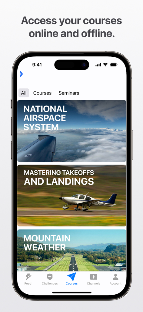 Boldmethod - Boldmethod app interface showing aviation education courses for pilots including National Airspace System and Mountain Weather