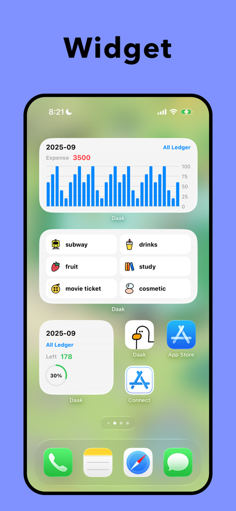 Daak - Budget & Money Tracker - Daak budget tracker iOS home screen widgets showing expense charts and spending categories with cute icons