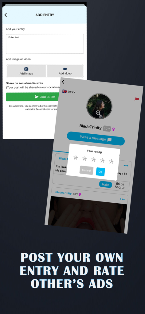 Capturas de pantalla de la aplicación BeSecret para agregar una nueva entrada y calificar los perfiles de otros usuarios.