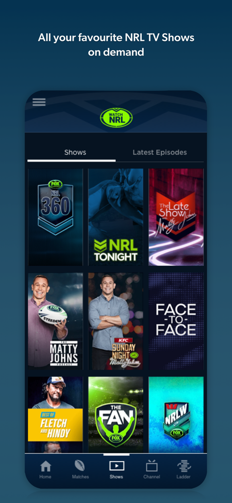 Watch NRL - Watch NRL app interface showing rugby league TV shows and entertainment on demand