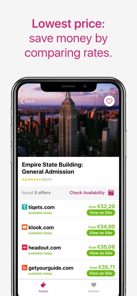 TicketLens: Tours & Activities - TicketLensアプリ、エンパイアステートビルのツアーチケット価格を比較するインターフェース