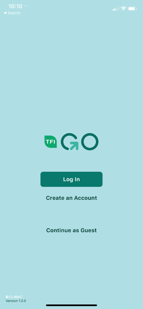 TFI Go - TFI Go mobile app welcome screen with options to log in create an account or continue as guest
