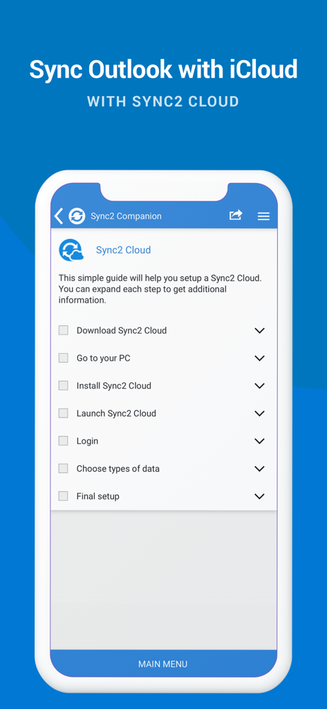 A smartphone screen displaying a checklist for setting up Outlook and iCloud synchronization using Sync2 Cloud.