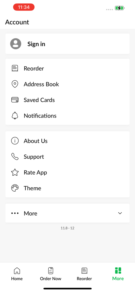 Zaika Bistro app account screen showing sign in, reorder options, address book, and saved cards.