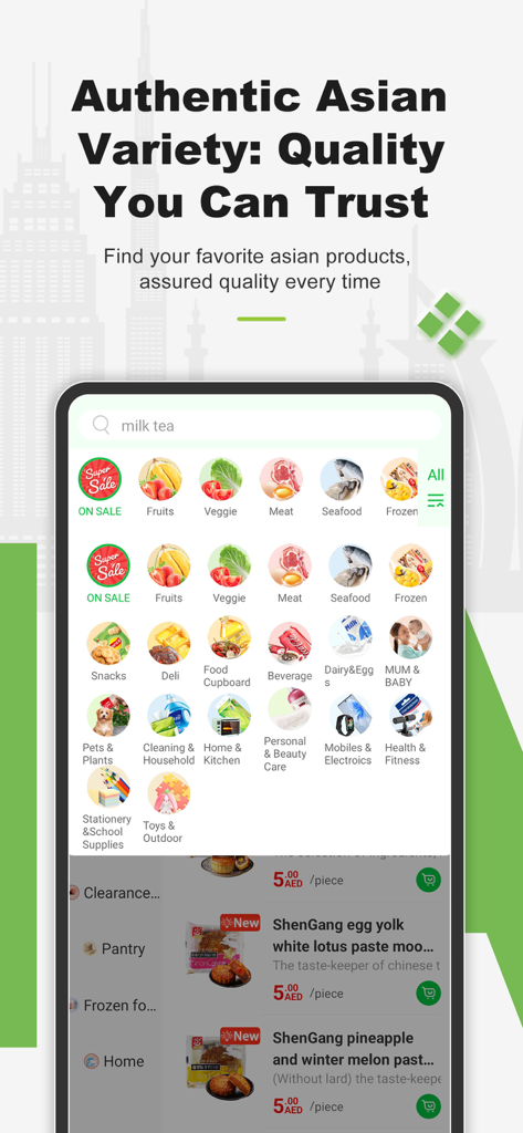 WEMART温超 - WEMART mobile app interface showing various Asian grocery categories and fresh food products