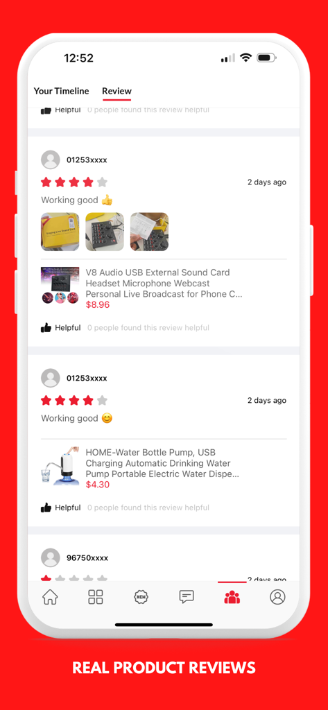 L192 app interface showing customer product reviews with star ratings and photos