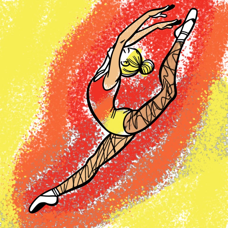 gymnast doing a leap in a leotard with a bent back leg