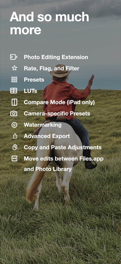 A list of advanced photo editing features in the Nitro Photo app shown over an image of a person on a horse