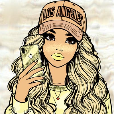realistic beautiful girl wearing los ángeles cap holding an iphone