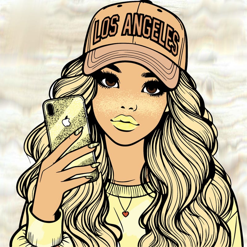 realistic beautiful girl wearing los ángeles cap holding an iphone