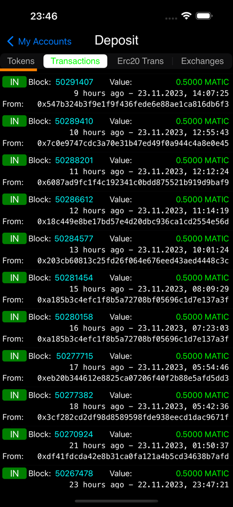 Matic Address Explorer app displaying a list of incoming MATIC transactions on the Polygon blockchain.