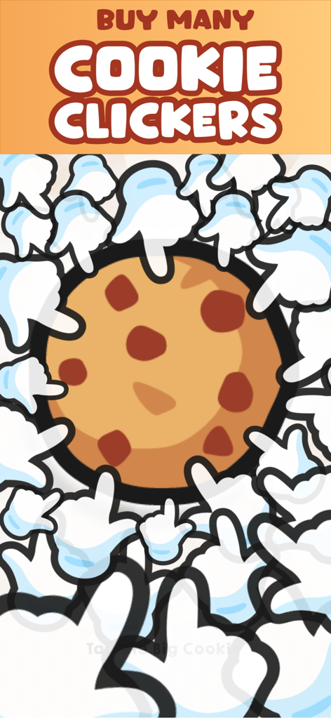 Cookie Empire: Idle Clicker - Una gran galleta con chispas de chocolate rodeada de muchas manos blancas de dibujos animados señalando y haciendo clic en ella en el juego móvil Cookie Empire.