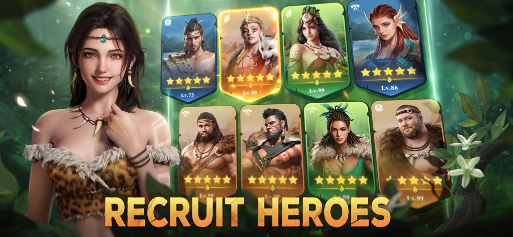 Primitive Era:10000 BC - Menú de reclutamiento de héroes en Primitive Era 10000 BC con cartas de personajes prehistóricos