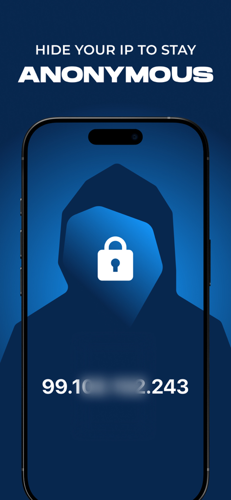 VPN Safe Net: Unlimited Proxy - A mobile app screen featuring a hooded silhouette with a padlock icon and text saying Hide your IP to stay anonymous.