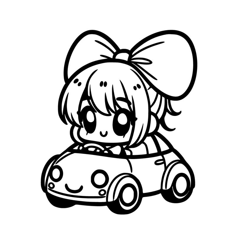 a anime women in a cute car with a bow on the car