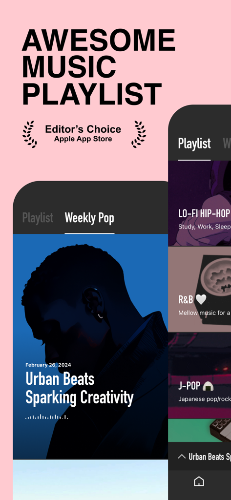 Dtd Playlist-Daily Mood Music - Interface do aplicativo Dtd Playlist mostrando playlists de música estéticas e o prêmio Apple App Store Editors Choice.