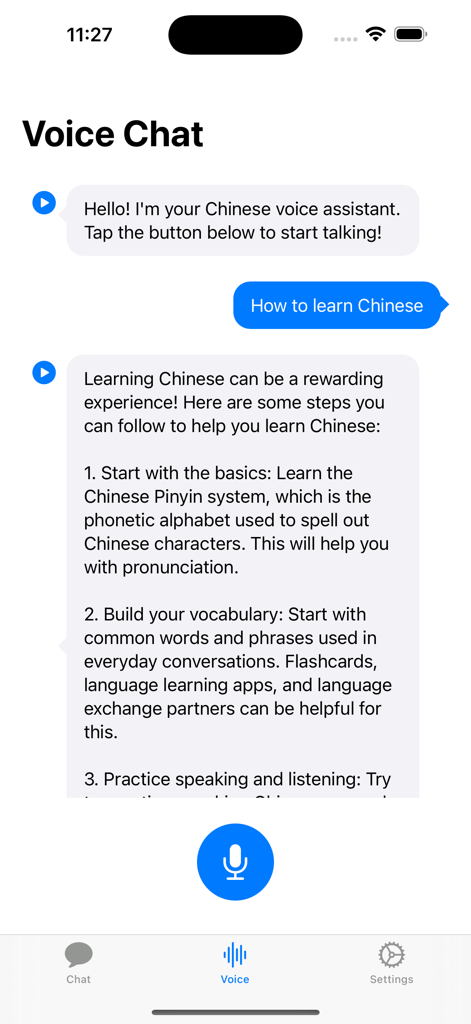 Chinese AI - Speak Chinese App - Voice chat interface of the Chinese AI app showing an AI assistant providing tips on how to learn Chinese.