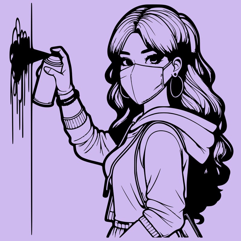 realistic girl with mask spray painting a wall