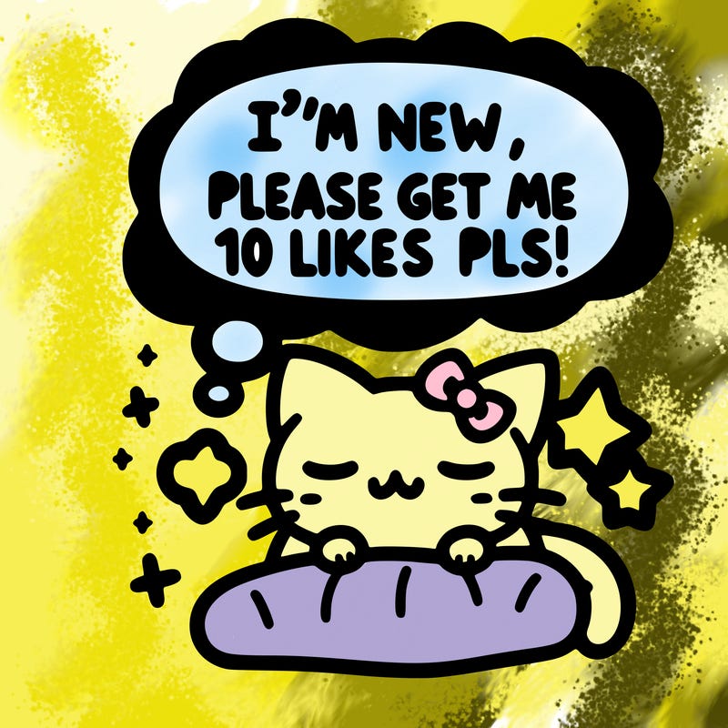 kitty taking a nap dream talking and saying "i'm new, please get me at least 10 likes pls!!"