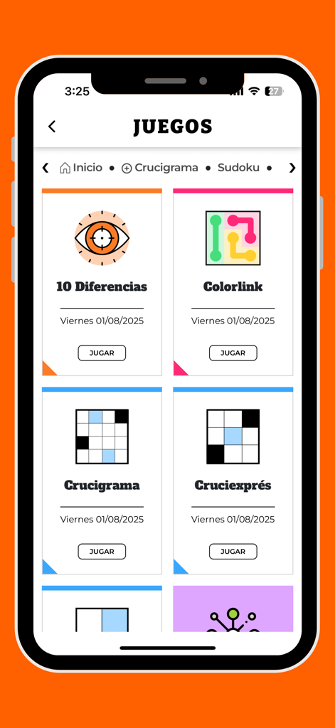 Interfaz de la aplicación de noticias Vanguardia que muestra la sección de juegos con opciones de crucigramas y rompecabezas.