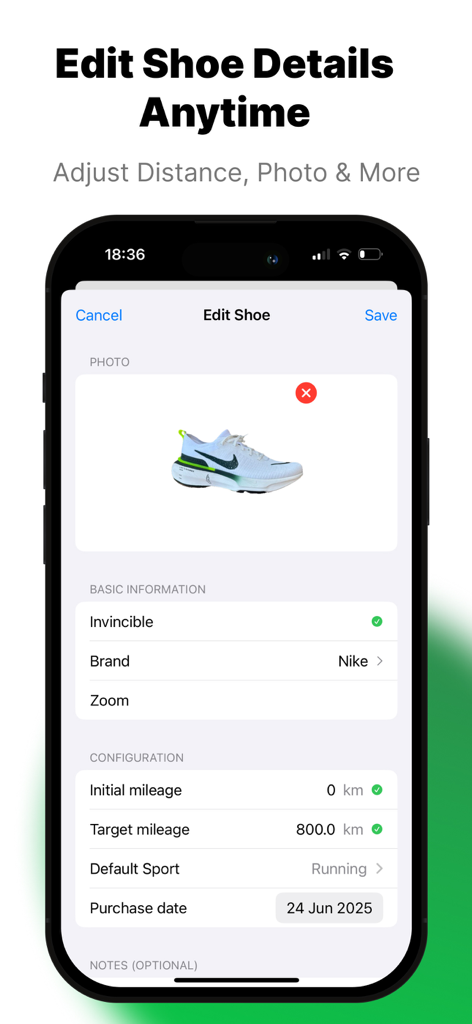 Mobile app interface to edit shoe details including brand name model and target mileage tracking for runners