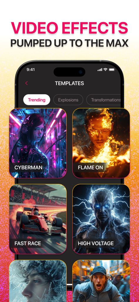 SeeDance AIのモバイルインターフェース。サイバーパンク、炎、電気のテーマを含むさまざまなビデオエフェクトテンプレートを表示。