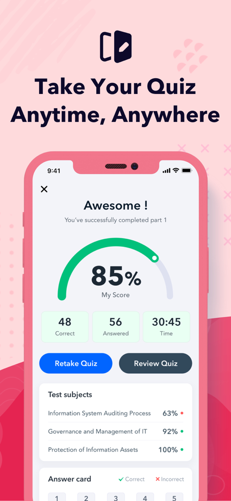 ISACA CISA Exam Prep 2026 - CISA exam prep app interface displaying quiz results with a score of 85 percent and detailed topic breakdown