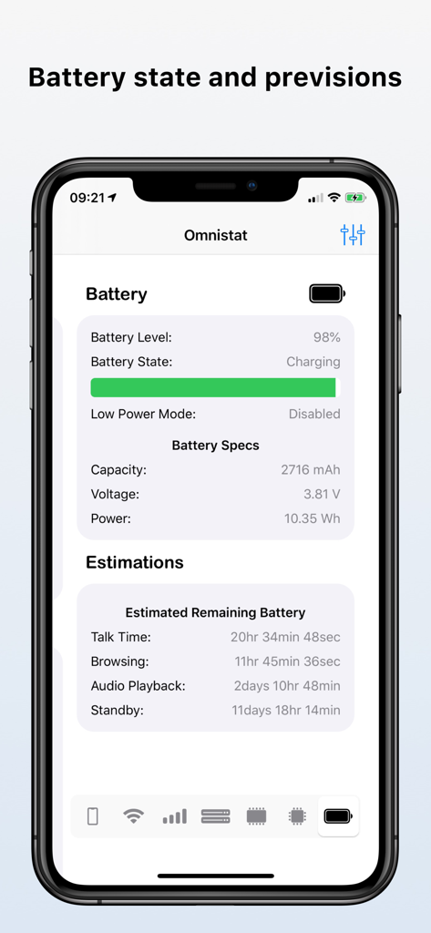 Omnistat 2 - Omnistat 2画面には、バッテリーの健全性仕様と残り時間の推定値が表示されます